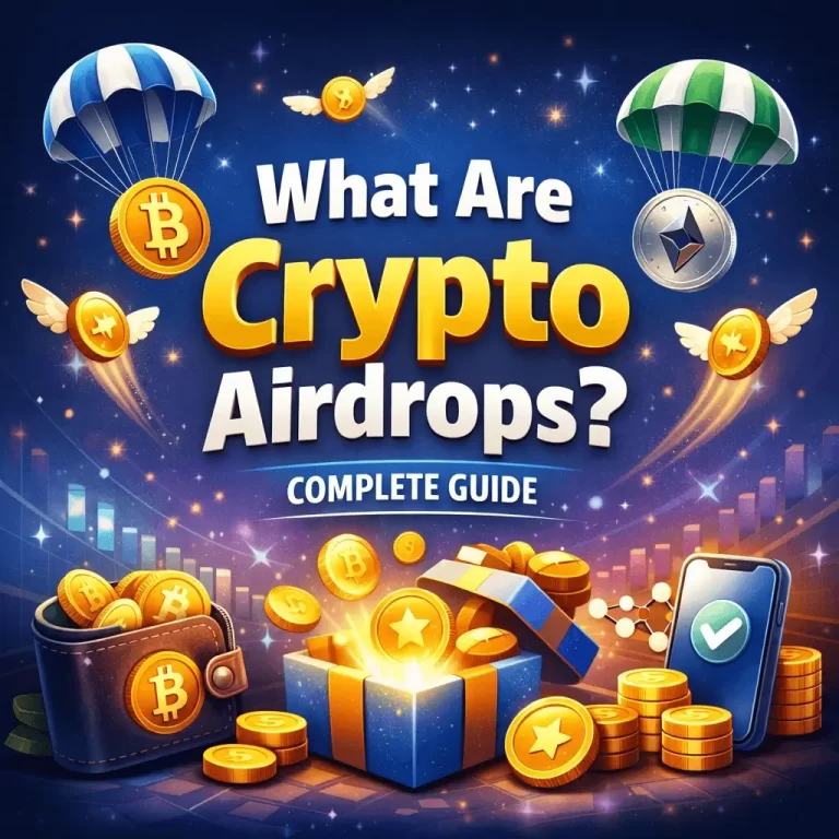What are crypto airdrops illustration with Bitcoin, Ethereum coins dropping from parachutes and free token reward concept for 2026 guide