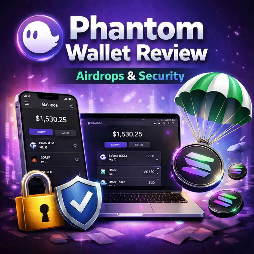 Phantom Wallet interface with Solana airdrop rewards and crypto security concept, best wallet for Solana airdrops