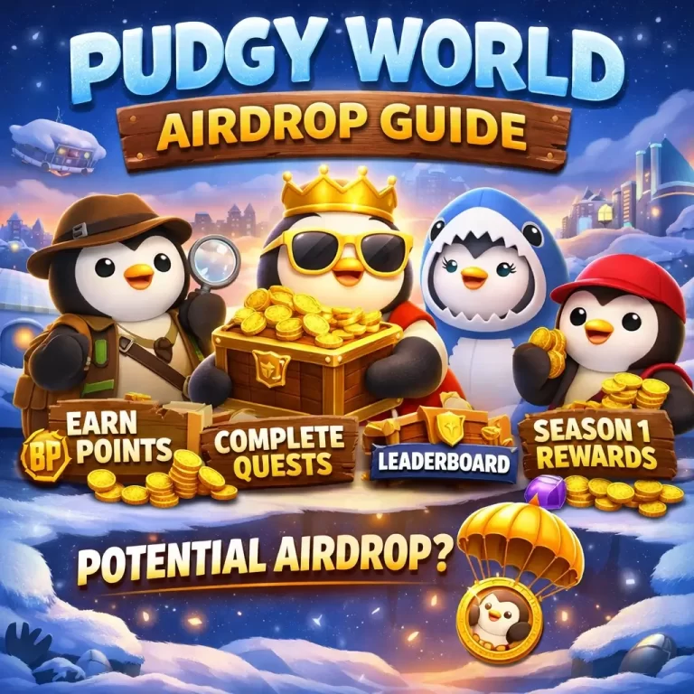 Pudgy World airdrop guide illustration with penguins earning BP points, completing quests, leaderboard ranking and Season 1 rewards potential