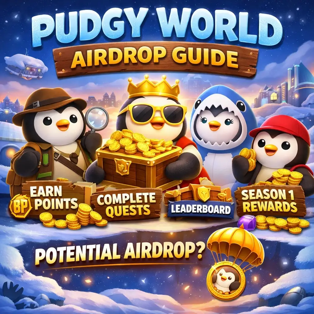 Pudgy World airdrop guide illustration with penguins earning BP points, completing quests, leaderboard ranking and Season 1 rewards potential