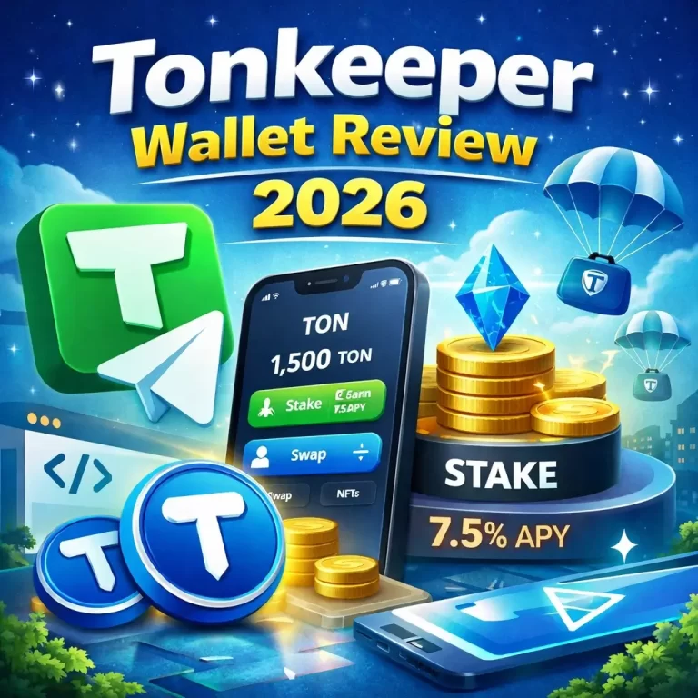 Tonkeeper wallet interface with TON coin, staking and airdrop concept, secure crypto wallet for TON ecosystem