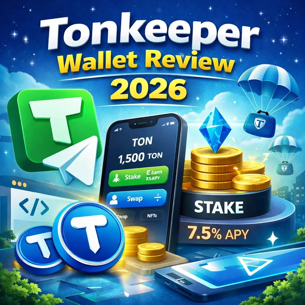 Tonkeeper wallet interface with TON coin, staking and airdrop concept, secure crypto wallet for TON ecosystem