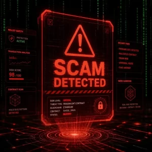 Futuristic interface displaying a red scam warning and malicious smart contract alert