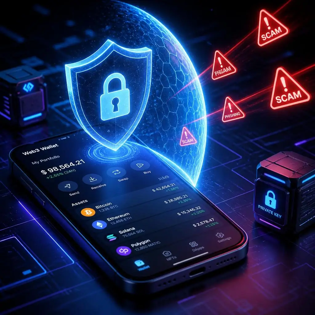 3D illustration of a Web3 crypto wallet protected by a glowing security shield against scam airdrop threats