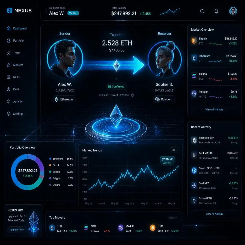 Futuristic Web3 financial interface displaying crypto spot trading and tokenized stock charts