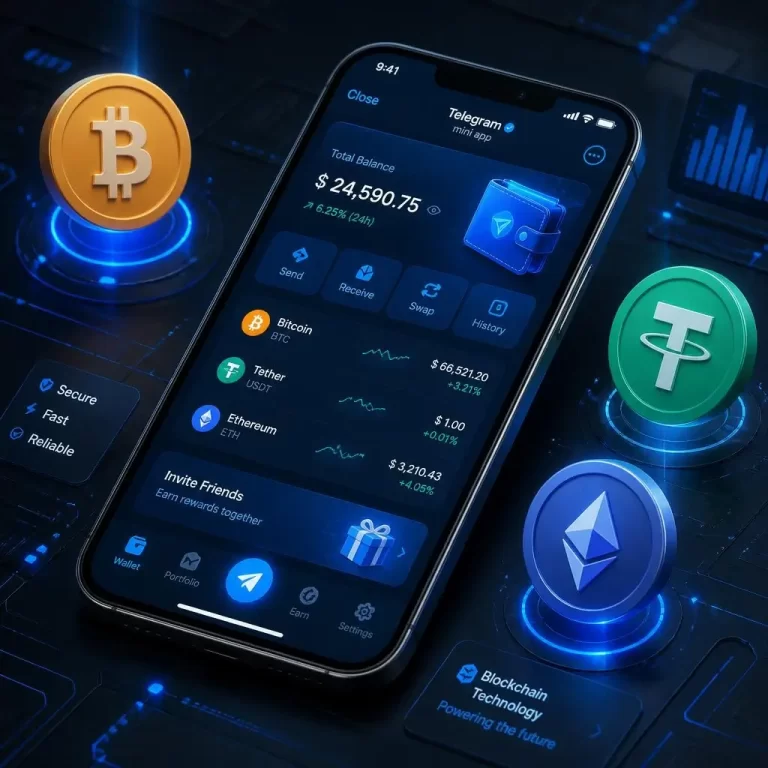 3D isometric illustration of Walt crypto wallet mini app interface on a smartphone screen inside Telegram